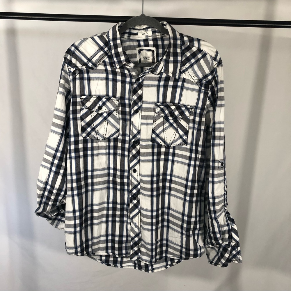 Buckle BKE Men's Plaid Shirt Black White Size Slim Fit L Long Sleeve